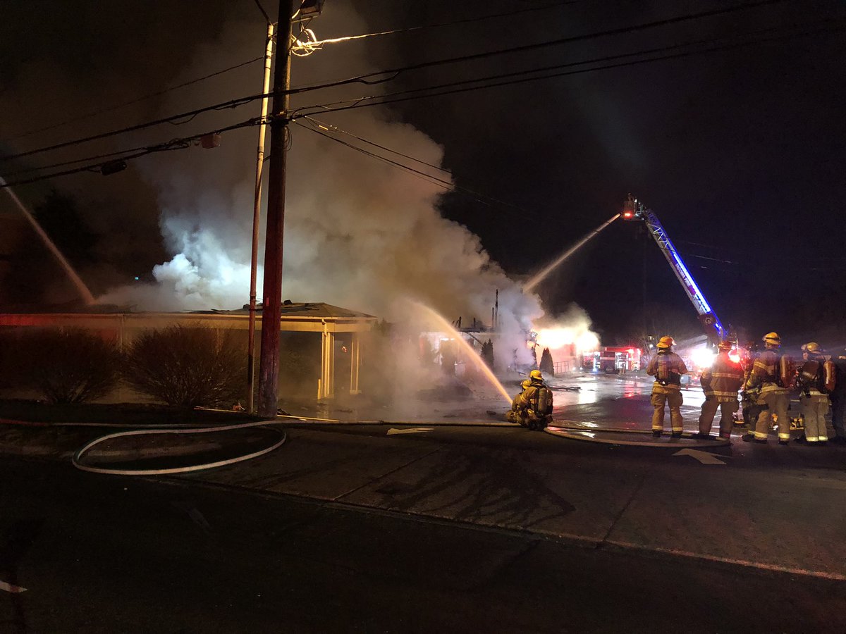 Large fire has ripped through the Great Wall Buffet in Tacoma. Fire is on scene, but the building is destroyed. Hosmer Way is closed down in both directions around 82nd.  