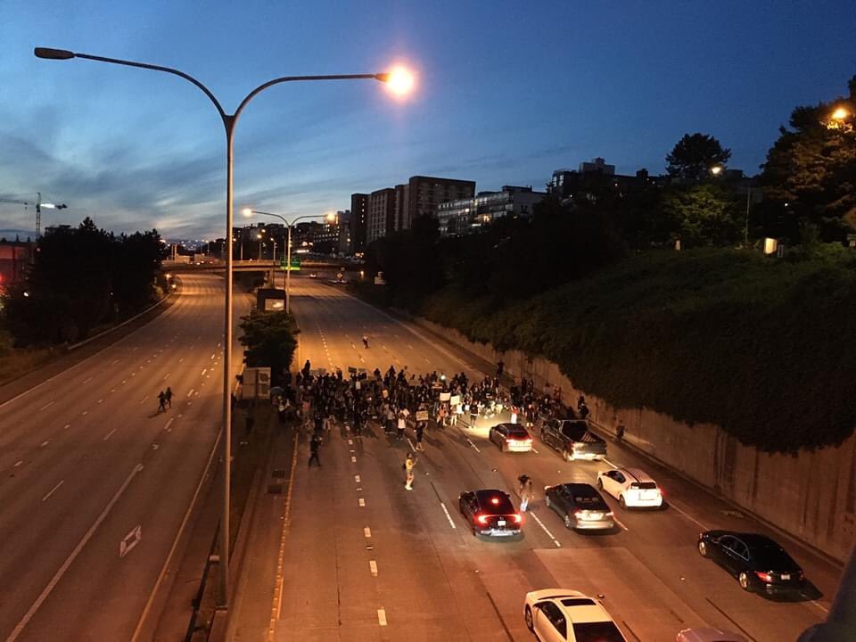 A group of protesters were blocking the freeway in Seattle this evening, forcing I-5 closed between I-90 and SR 520 to be closed.