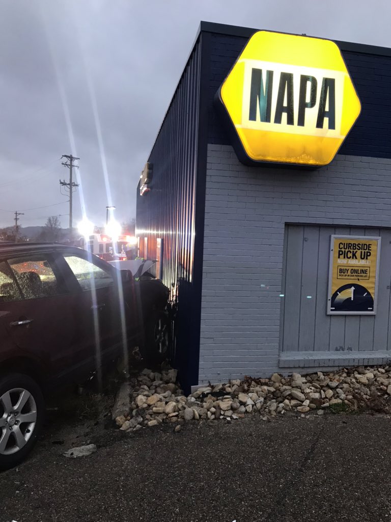 In Bellevue   Accident involving 2 vehicles on Ohio River Blvd (PA-65) near the Arby's. One car into NAPA Auto Parts bldg. One further down the road, stopped in the turning lane. 