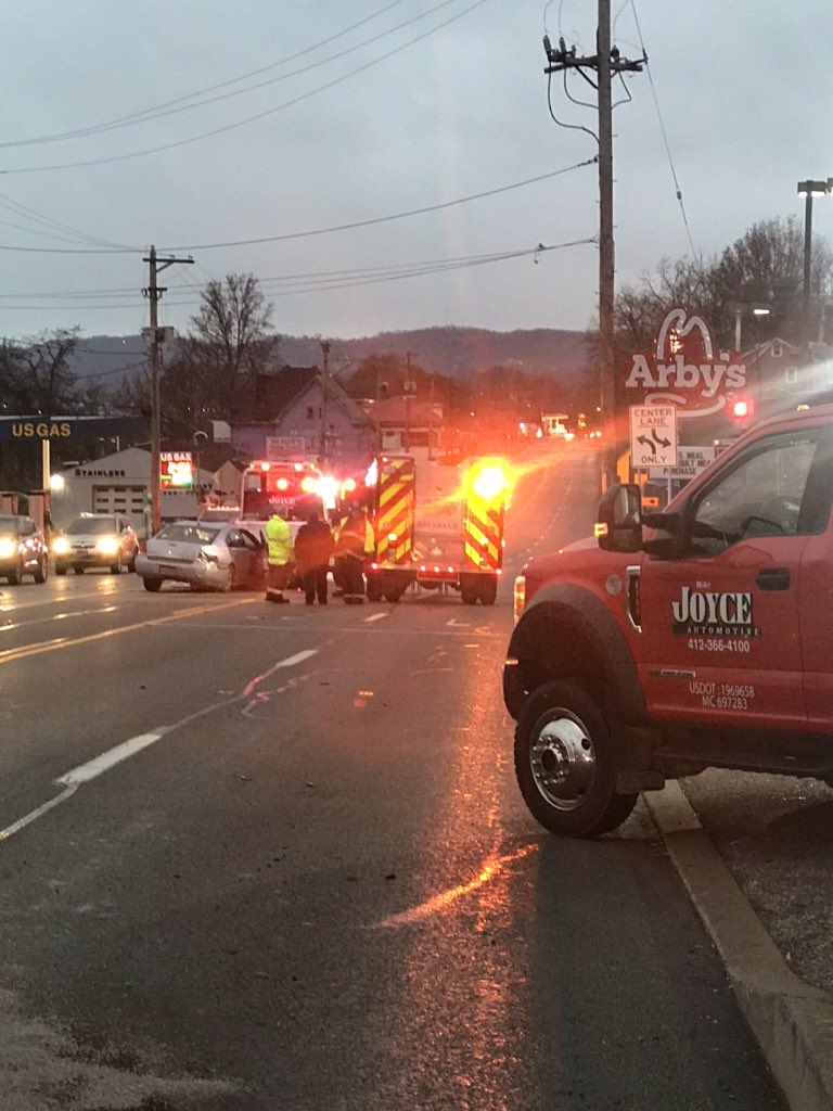 In Bellevue   Accident involving 2 vehicles on Ohio River Blvd (PA-65) near the Arby's. One car into NAPA Auto Parts bldg. One further down the road, stopped in the turning lane. 