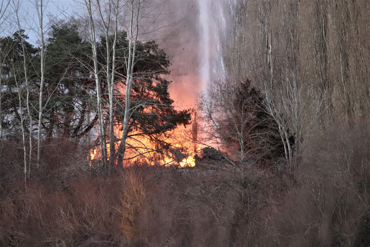 No injuries as a home next to the Snohomish River east of Everett on DNR land was destroyed by fire. The blaze was visible from Lowell and northbound I-5. Multiple agencies responded and tenders were needed to shuttle water to the scene