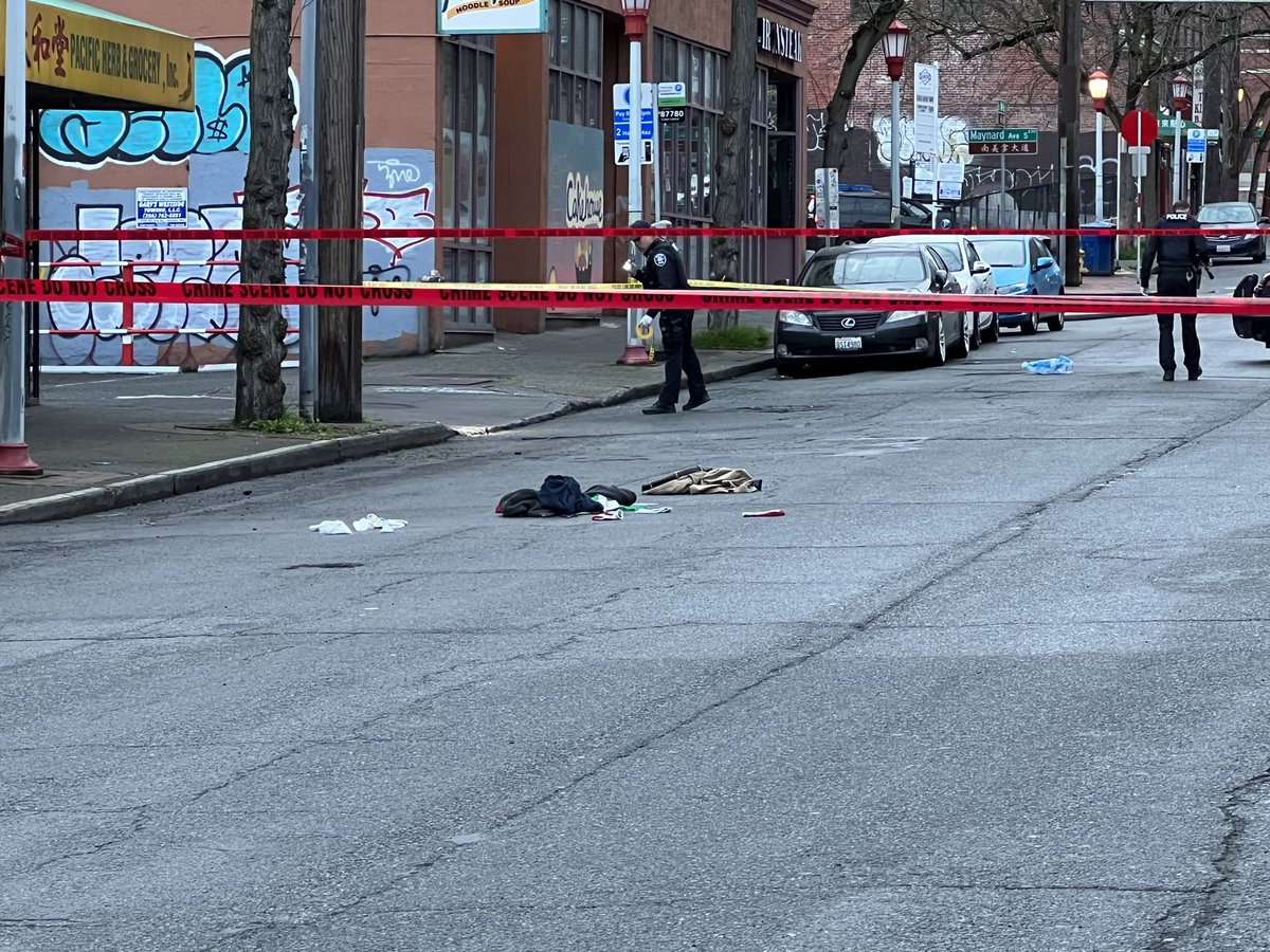 Seattle PD investigating a shooting at 6th and S Weller St this morning. EMT's administering CPR to one male victim that was being transported.