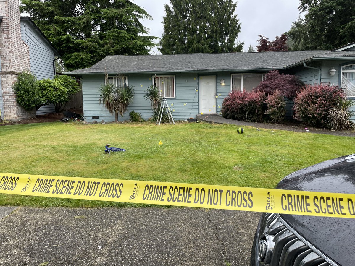 Kirkland PD searching for a suspect accused of shooting a 5-yr-old, 13-yr-old, and 17-yr-old last night. Victims were inside when someone outside fired multiple rounds at the home, detectives say. The front of the home is full of evidence markers and bullet holes.