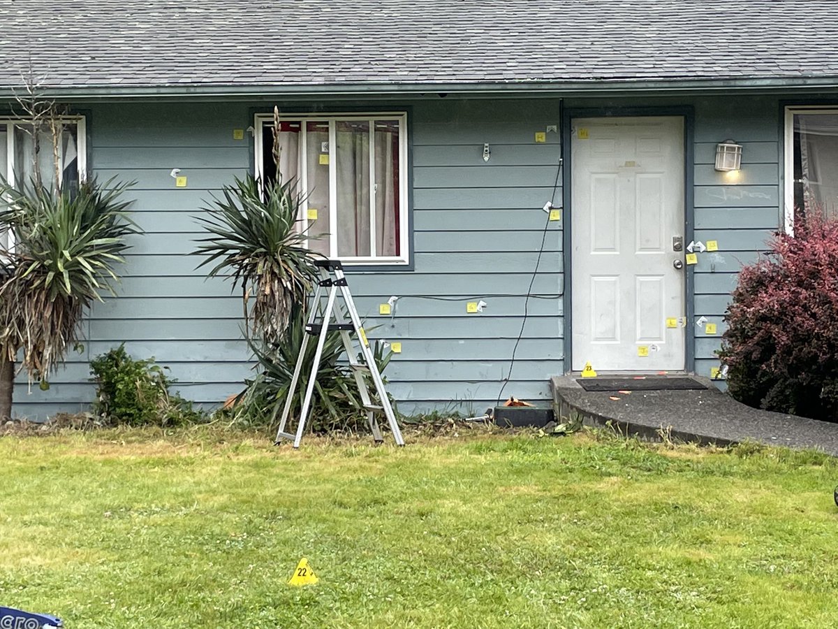 Kirkland PD searching for a suspect accused of shooting a 5-yr-old, 13-yr-old, and 17-yr-old last night. Victims were inside when someone outside fired multiple rounds at the home, detectives say. The front of the home is full of evidence markers and bullet holes. 