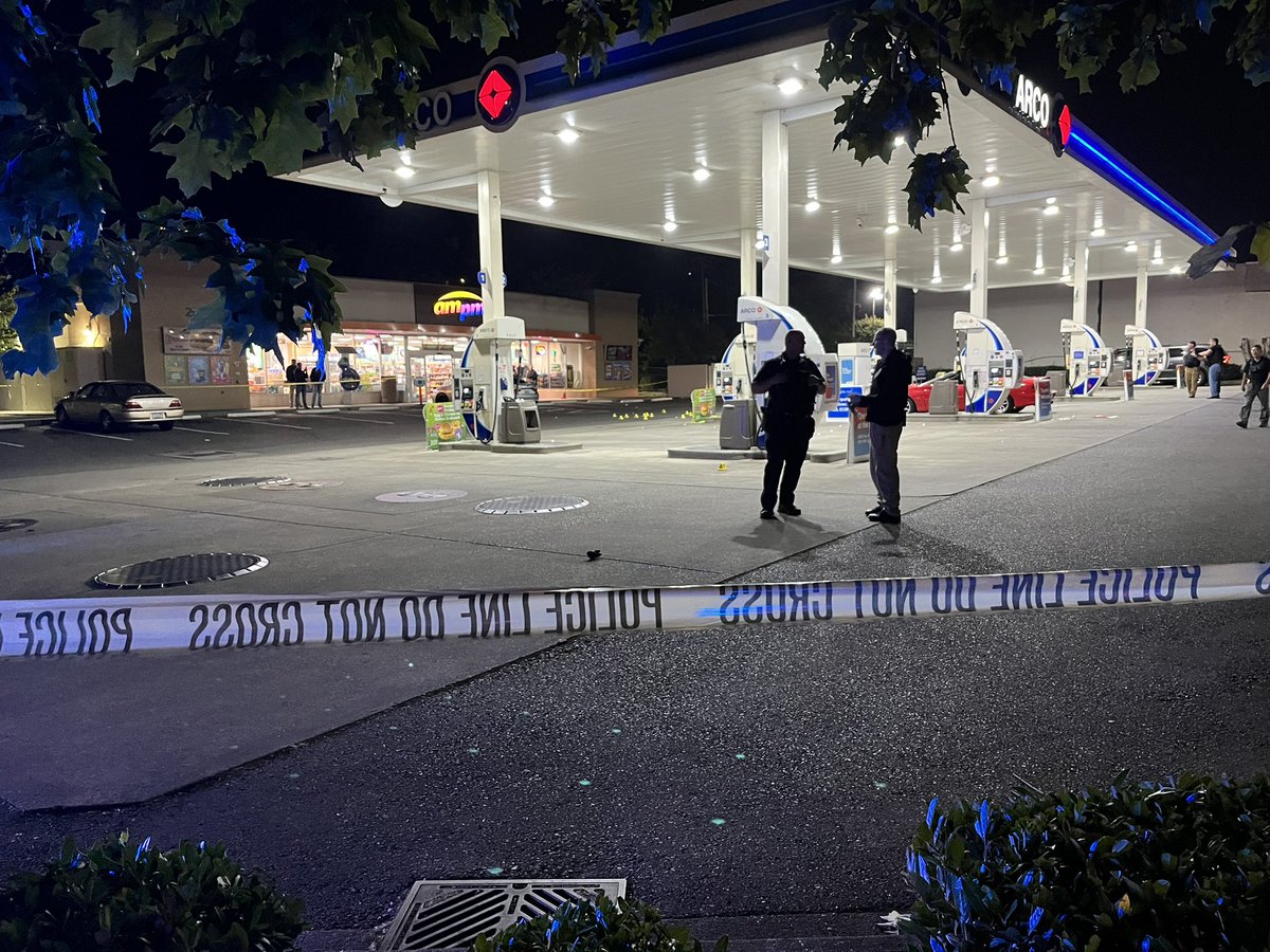 Two men were shot outside the Arco / AM/PM tonight in Renton, at the intersection of Airport Way and Rainier Ave. A large crime scene with lots of bullet casings on the ground