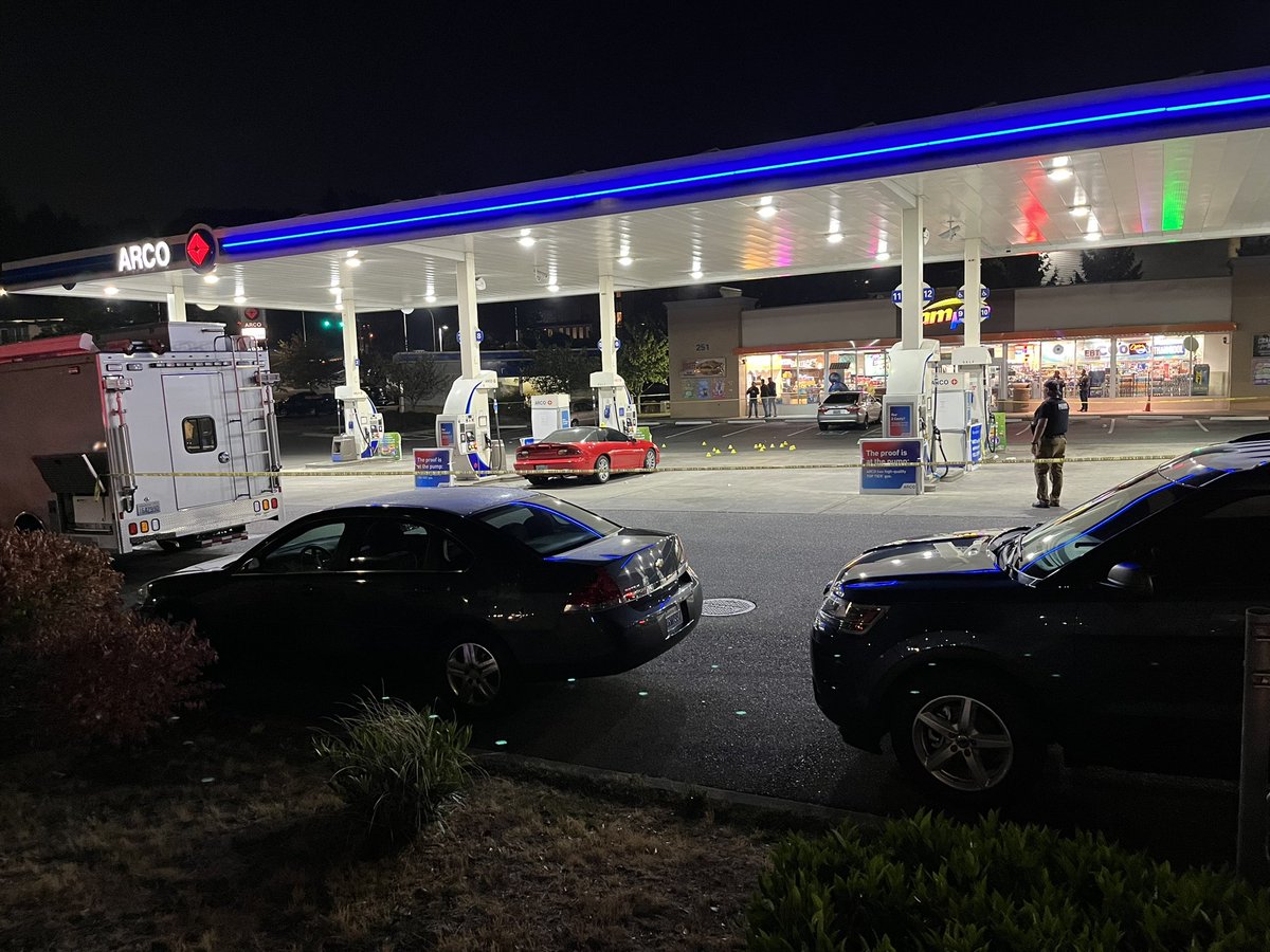 Two men were shot outside the Arco / AM/PM tonight in Renton, at the intersection of Airport Way and Rainier Ave. A large crime scene with lots of bullet casings on the ground