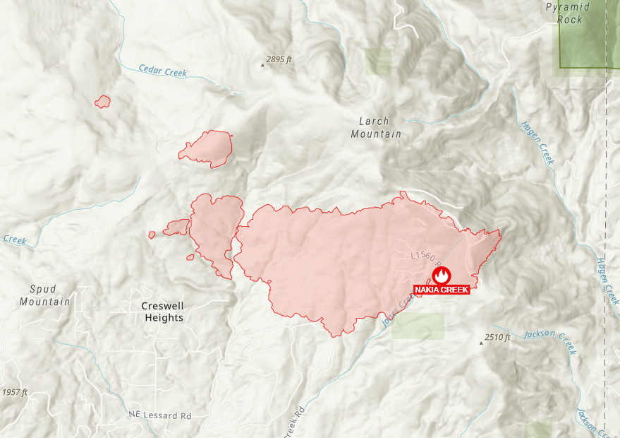 NakiaCreekFire: All of the spread appears to have been to the west, W/NW. Red = intense heat, yellow = scattered heat. Notable areas of heat well outside the main fire area. The furthermost N/W spot is 1.25 miles from the main fire