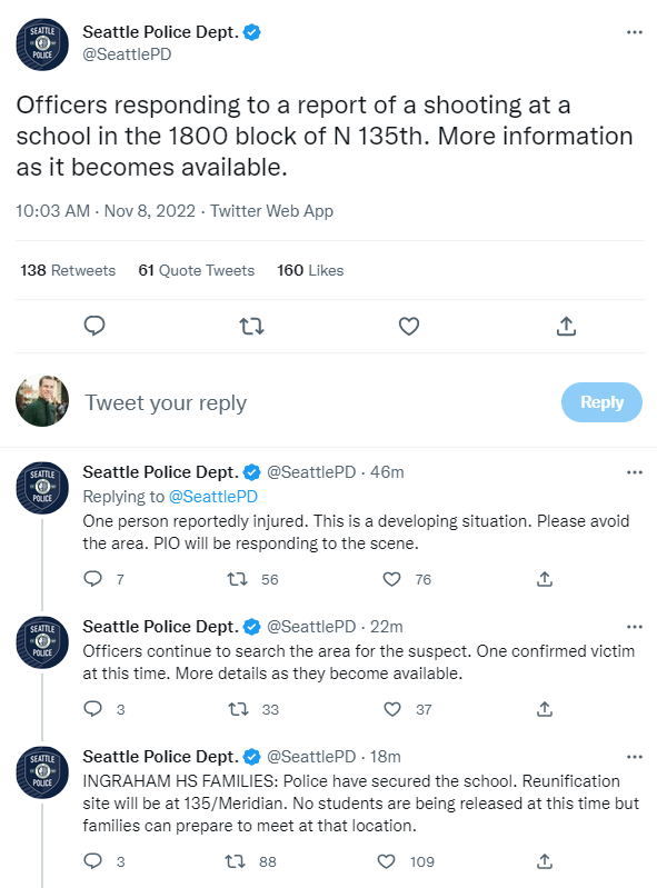 Seattle (Wash.) Police Dept issues stmts saying there's been a shooting at IngrahamHighSchool: ; At least 1 injured ; School is secure ; Suspect has not been found  Ingraham IngrahamHS