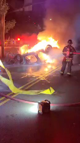 Crews are on scene on a motor-vehicle collision turned vehicle fire at 85th and NE 24th St. Electric vehicle fires are incredibly difficult to extinguish and crews anticipate this fire will burn for a couple hours