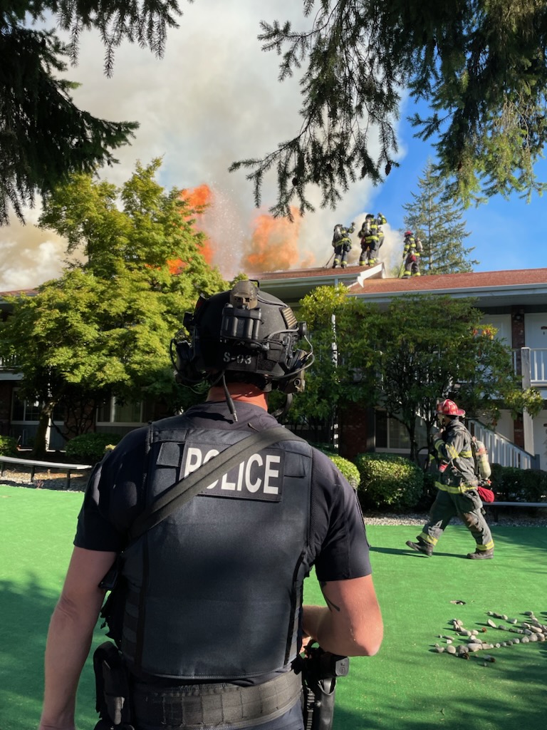 Officers and SWAT responded to a barricaded subject allegedly involved in a domestic disturbance in the 1600 block of 156th Ave NE just before 3:30 pm. After a couple hours of attempting to negotiate the suspect out of the apartment, a fire broke out in the unit