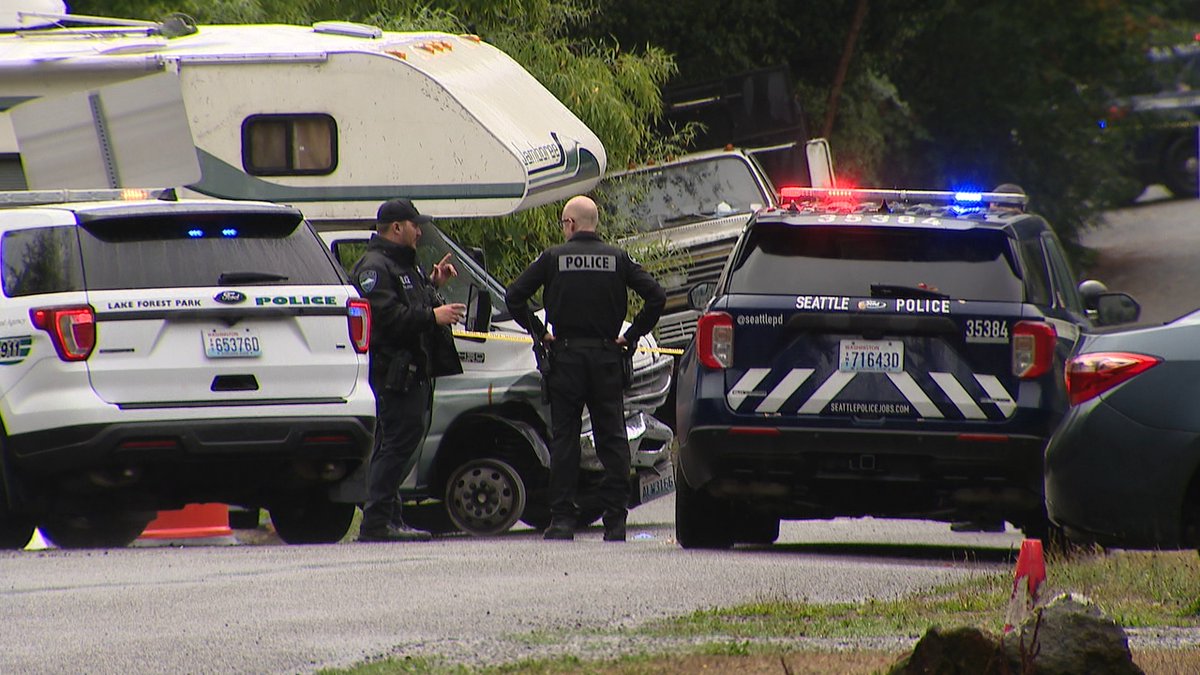 This is the scene at 27th Ave NE and NE 137th Street in Lake City, where the RV ended up. Lake Forest Park Police is taking the lead because the shooting happened in their city