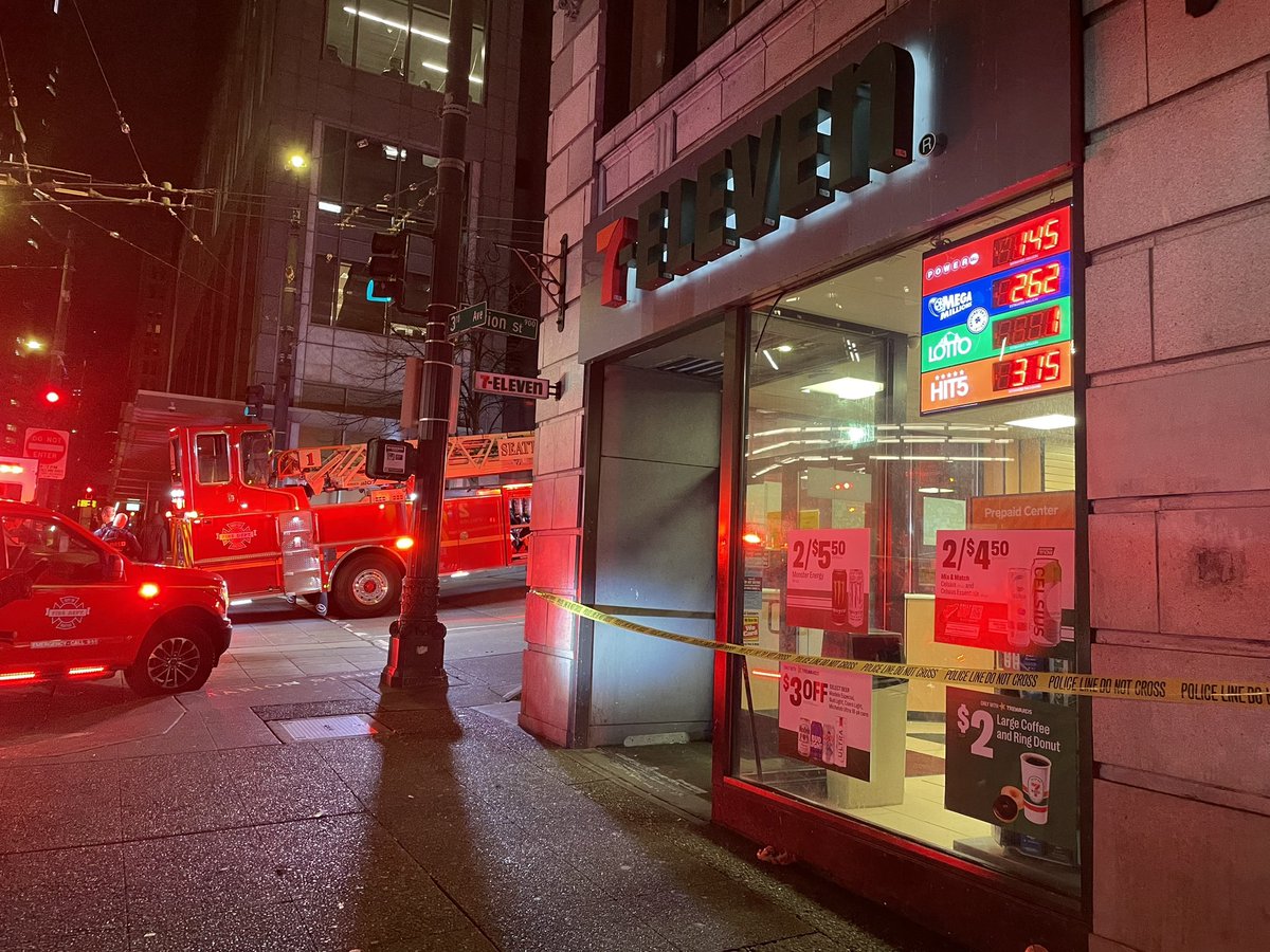 store clerk stabbed during a confrontation with a shoplifter.  @komonewsStabbing reported at the 7-11 on Third Ave and Marion Street. A witness told an employee was stabbed, but was alert and talking
