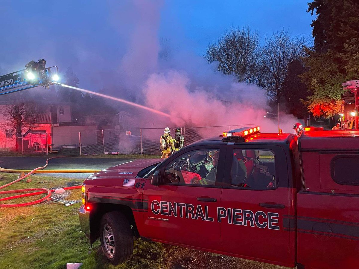 CentralPierce crews onscene of a garage fire in the 800 block of 107th St S in Parkland.  Garage fully involved on arrival and threatening a home. Crews defensive. No word on injuries 