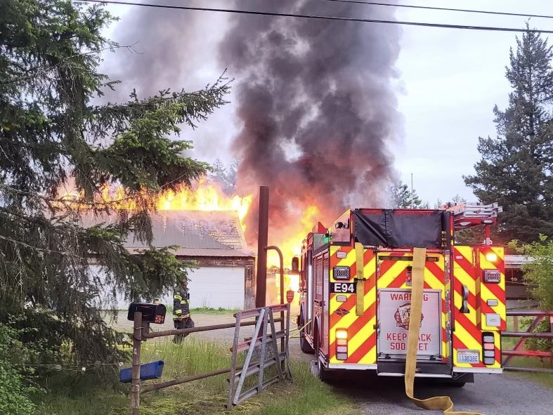 GFR crews are on scene of a large detached garage fire in the 21000 block of 88th Ave E in Graham. Upon arrival, the garage was fully engulfed in flames and threatening the home. Thanks to a quick response, crews were able to stop the fire before it spread to the home