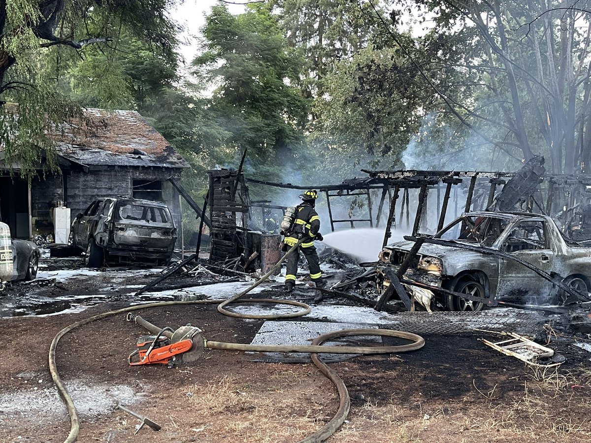 Puget Sound Fire and VRFA in on scene of a residential fire in the 26500 block of 108th Avenue SE. A shed and multiple vehicles burned