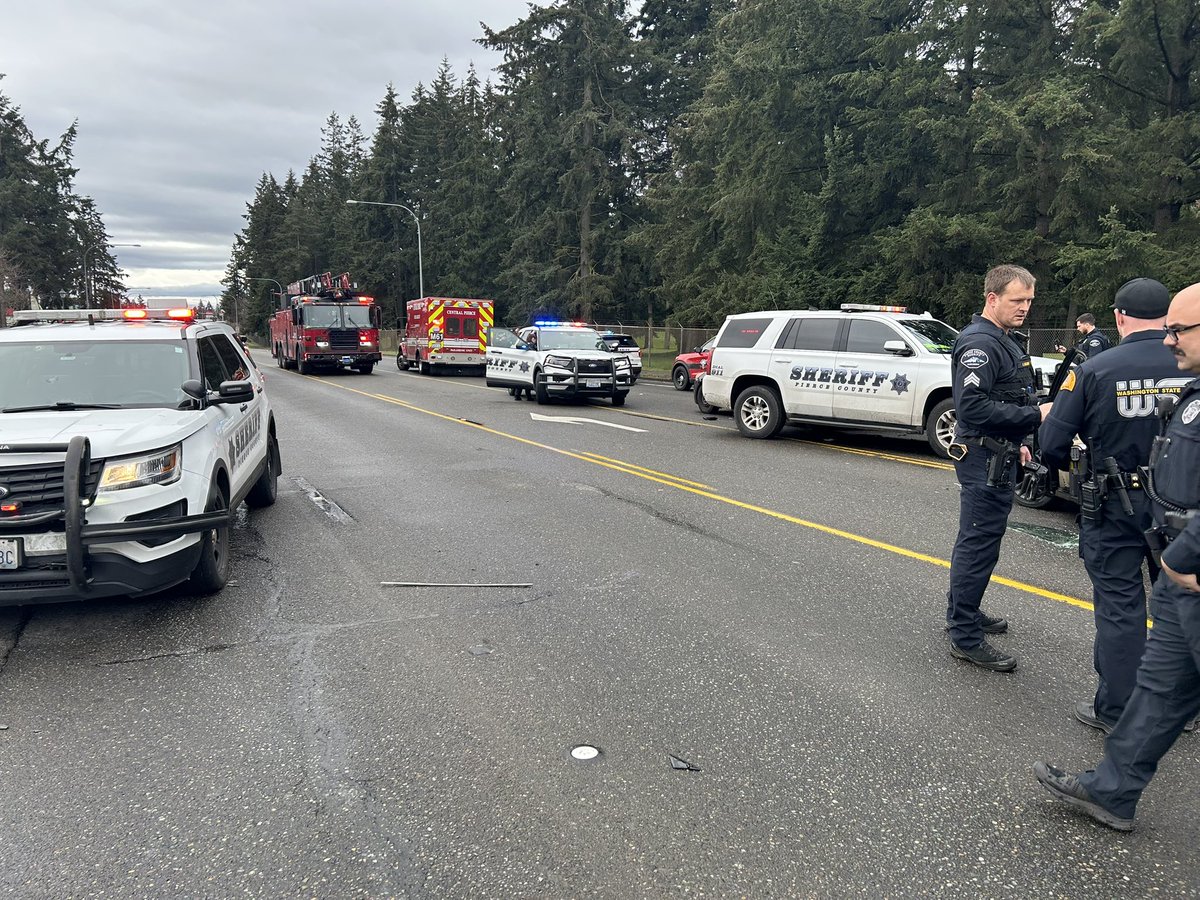 Crews clearing scene of motor vehicle collision at the 15600 block of Pacific Ave. in Spanaway involving several vehicles, including Pierce County Sheriff’s Deputies. Pacific Ave. is shut down while  