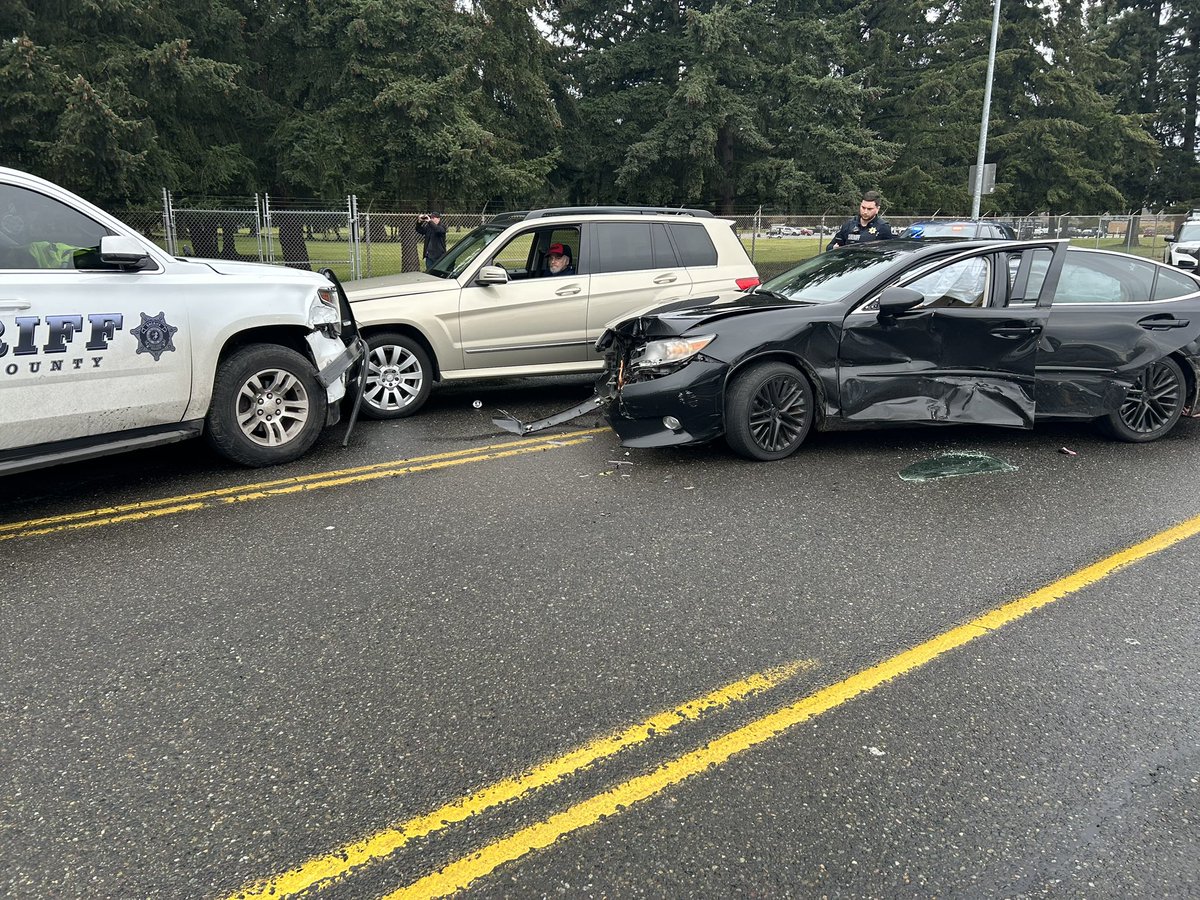 Crews clearing scene of motor vehicle collision at the 15600 block of Pacific Ave. in Spanaway involving several vehicles, including Pierce County Sheriff’s Deputies. Pacific Ave. is shut down while  