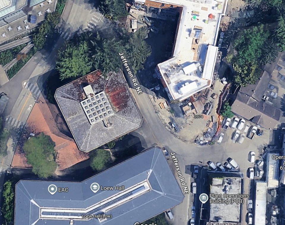 The fire is burning on Jefferson Road between the IEB (occupied) and the UW Engineering Library. No sign of the fire department or police response here