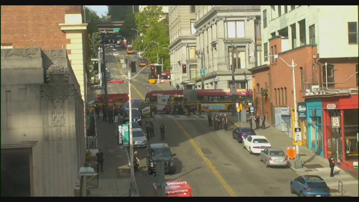Two people were shot at the entrance to the Pioneer Square light rail station (2nd Ave and James Street). Suspect is in custody. - Adult female, critical condition - Adult male, serious conditionBoth patients taken to @harborviewmc
