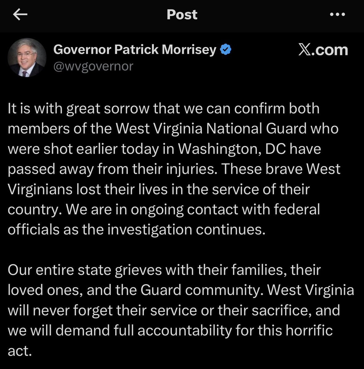Two Soldiers with the West Virginia National Guard have died from the injuries they sustained during today's fatal shooting near the White House in Washington, D.C., according to Governor Patrick Morrisey
